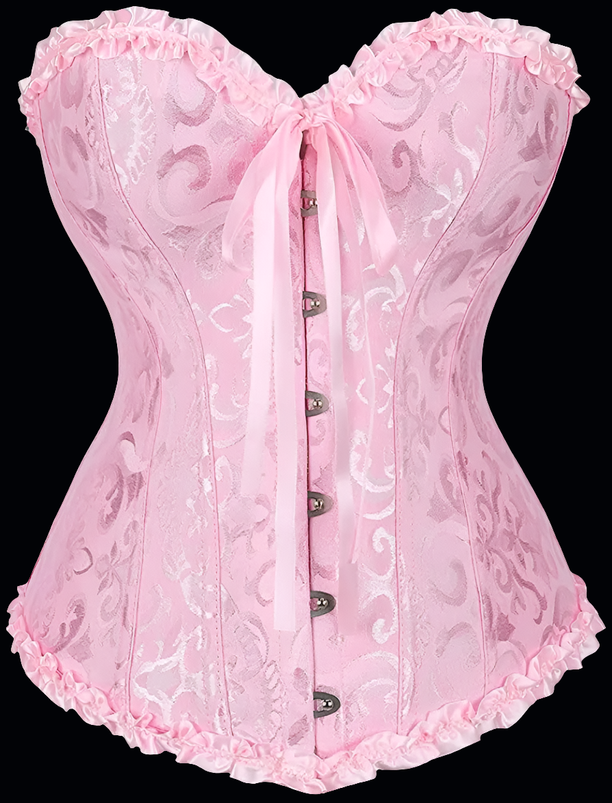 💗: Women's Pink Floral Satin Corset - Lace-Up Overbust Bustier