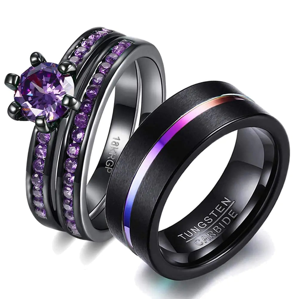 💎: His & Hers Wedding Ring Set - Black Gold Violet CZ & Tungsten Carbide Bands