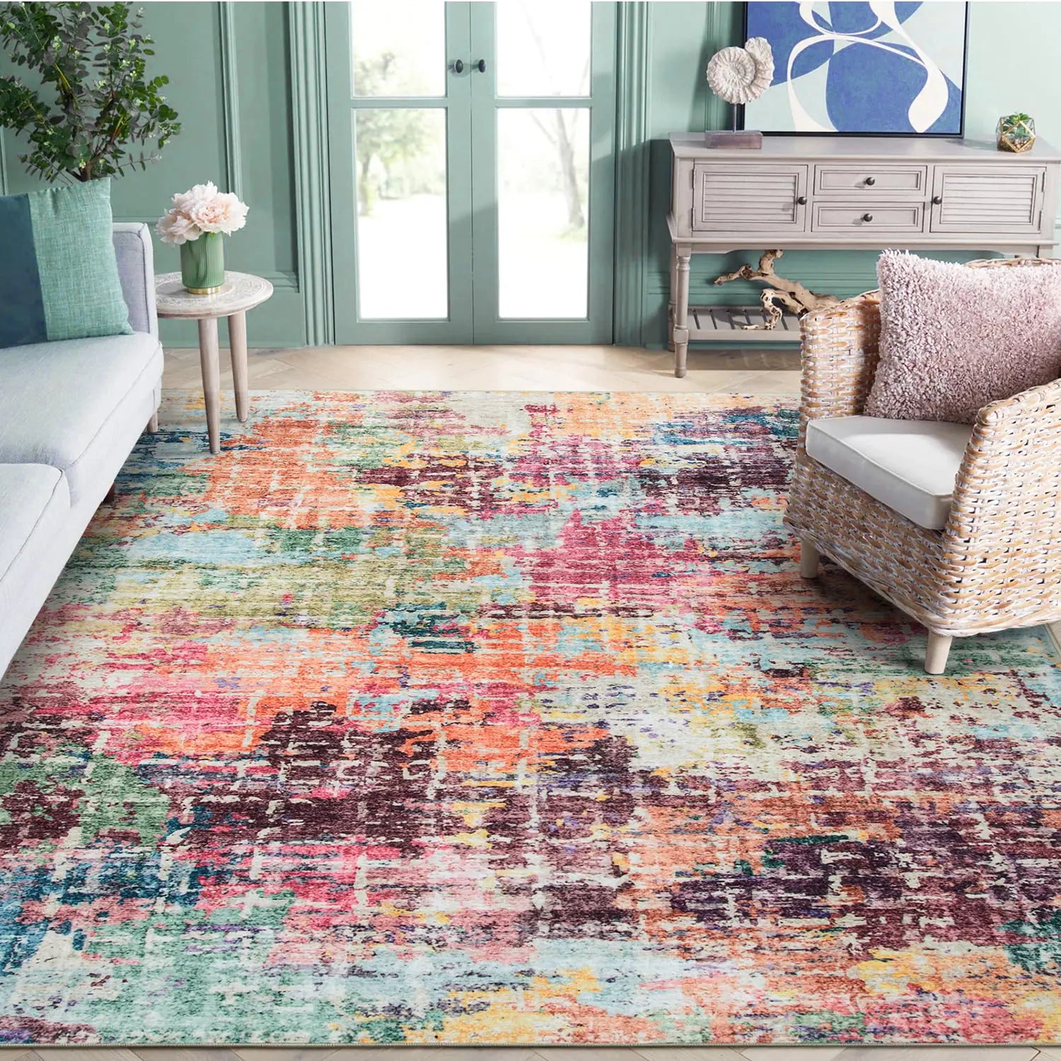 🌈: Beeiva Abstract Multicolor 8x10 Area Rug - Machine Washable Foldable