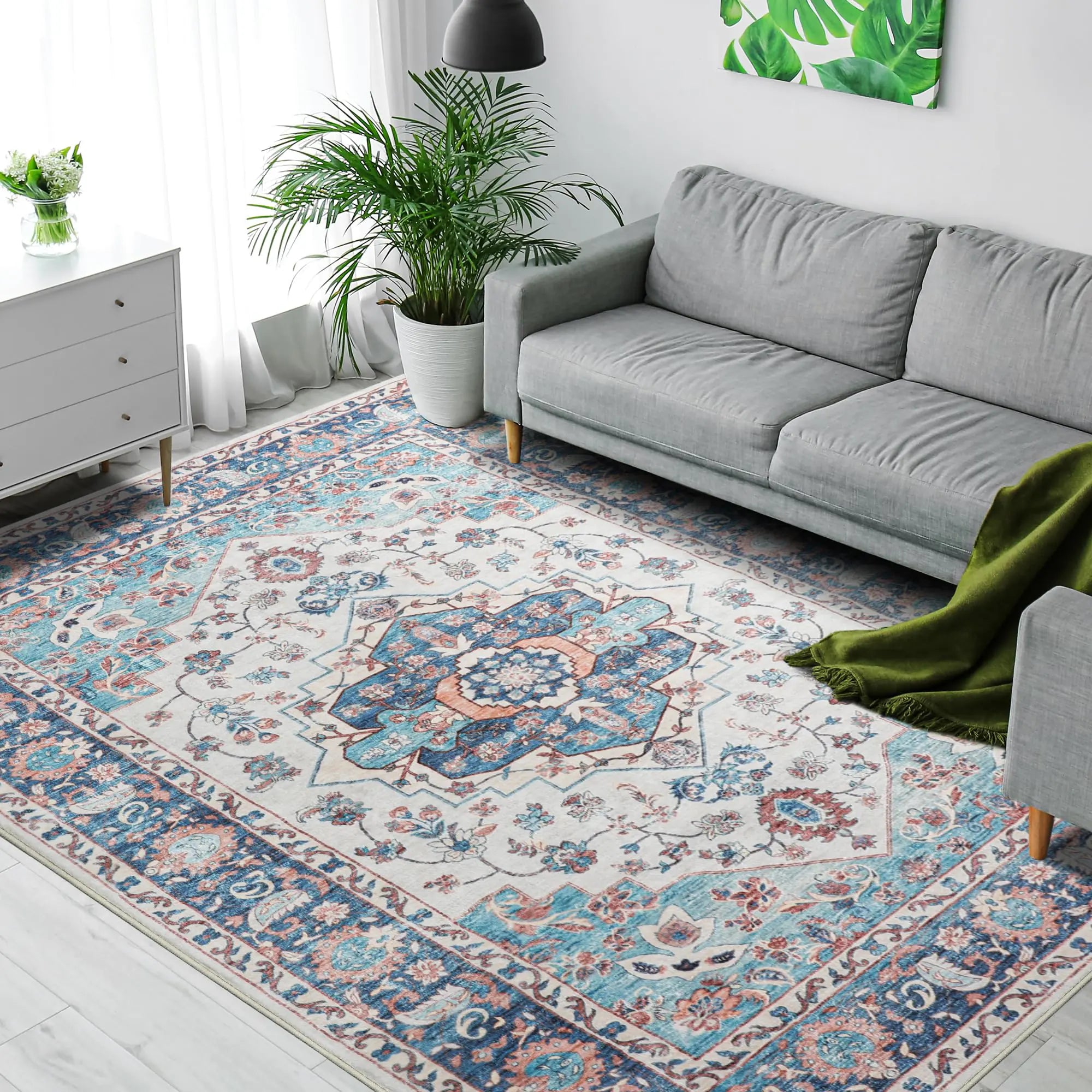 🏠: Hatppto Vintage Boho Area Rug 8x10 - Washable Stain-Resistant Living Room Carpet