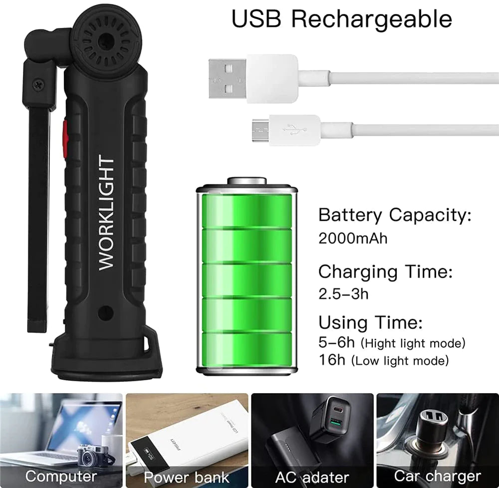 🔦: Rechargeable LED COB Work Light - Magnetic Base Mechanic Flashlight