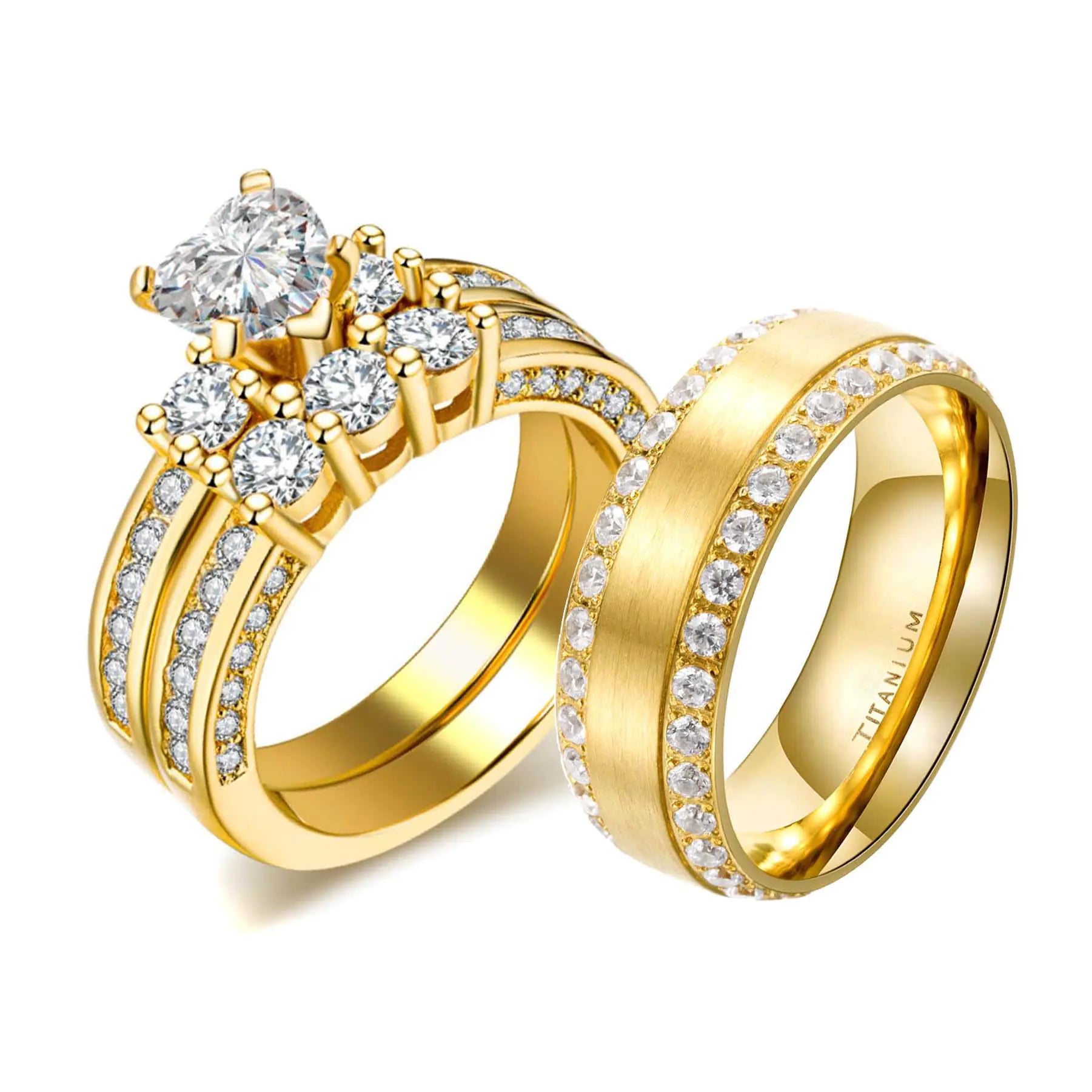 💎: LOVERSRING 3pc His & Hers Wedding Ring Set - Yellow Gold Heart CZ Bridal Set