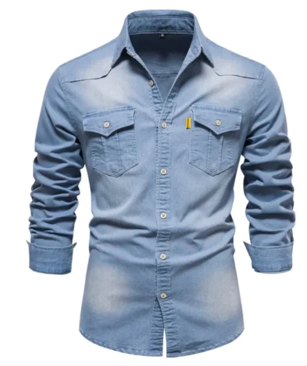 👔: Men's Denim Long Sleeve Shirt - Casual Solid Color Cotton Blend