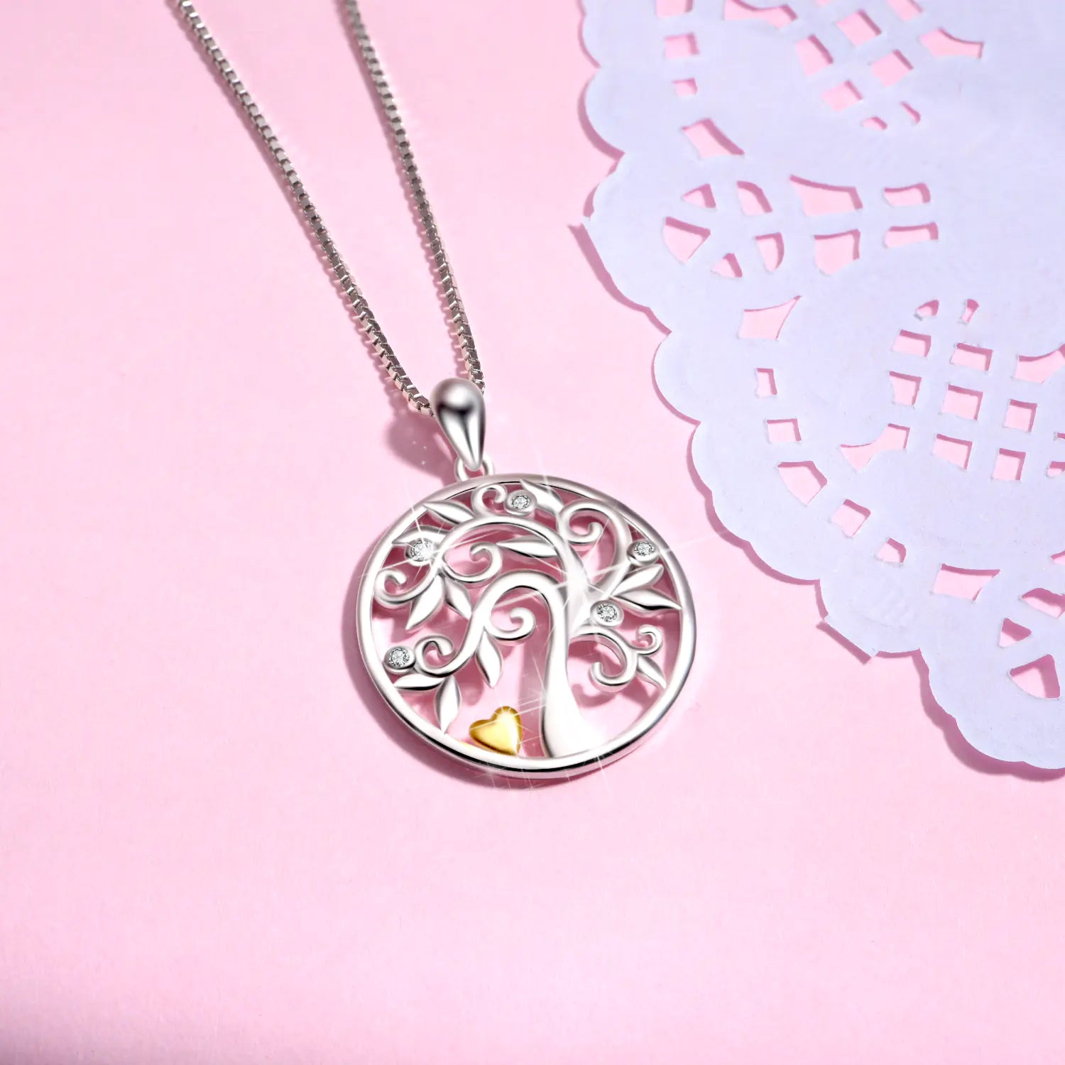 🌳: Lucky Tree Pendant, Gold-Plated Heart Necklace, 925 Silver