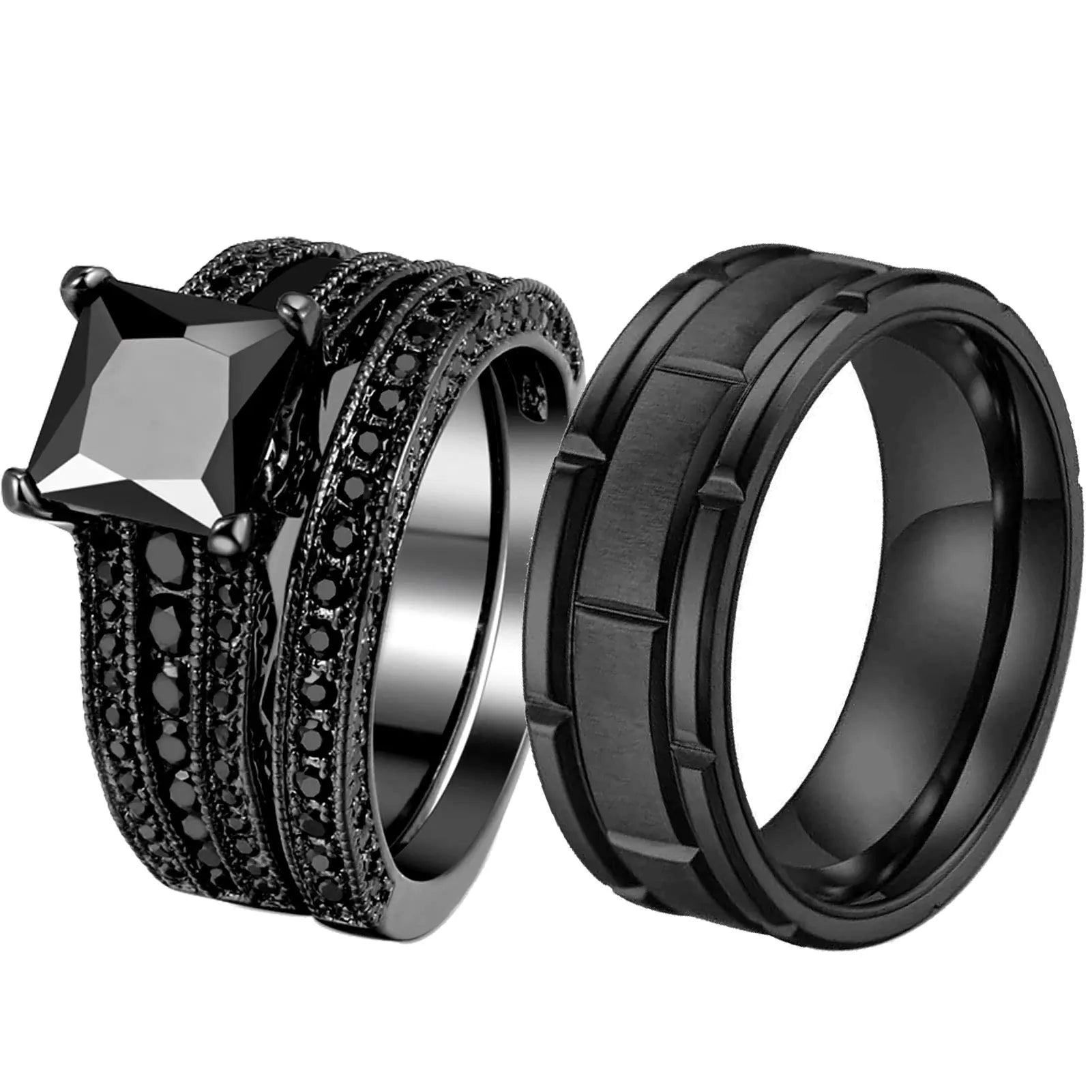 💎: Ringheart His & Hers Wedding Ring Set - Princess Cut Black CZ Titanium Steel