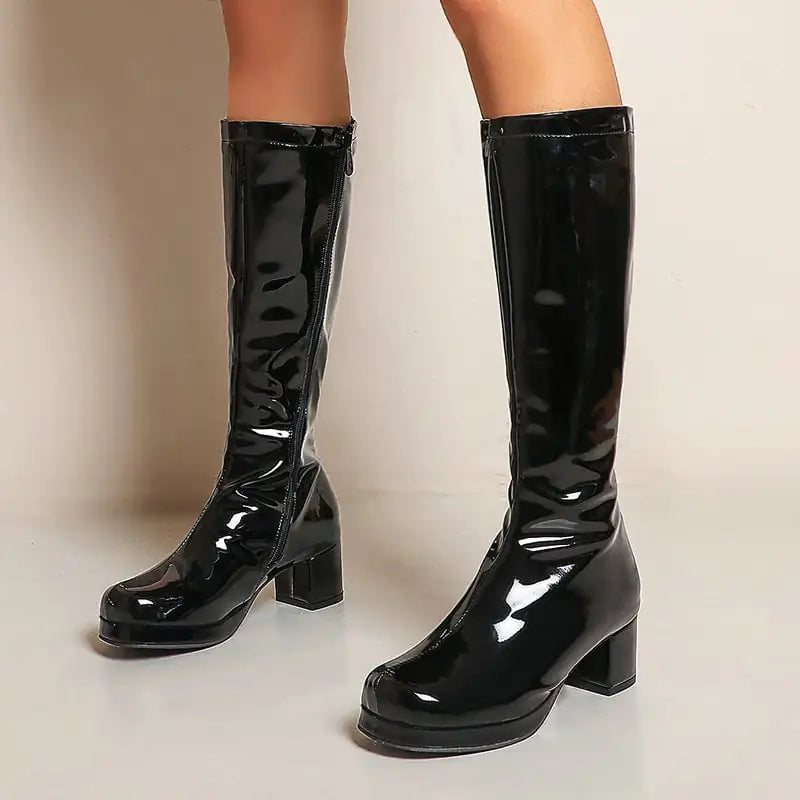 🥾: Chunky Heel Patent Leather Mid Calf Women's Boots - Waterproof Square Toe