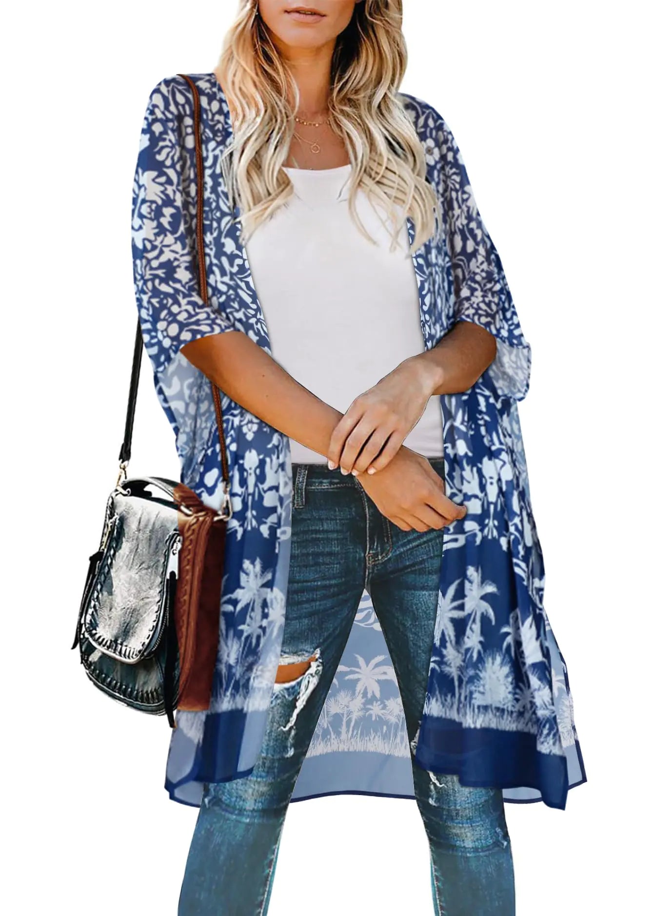 👘: Bathing Suit Cover Up Caftan - Sheer Kimono Summer Cardigan Blue Forest