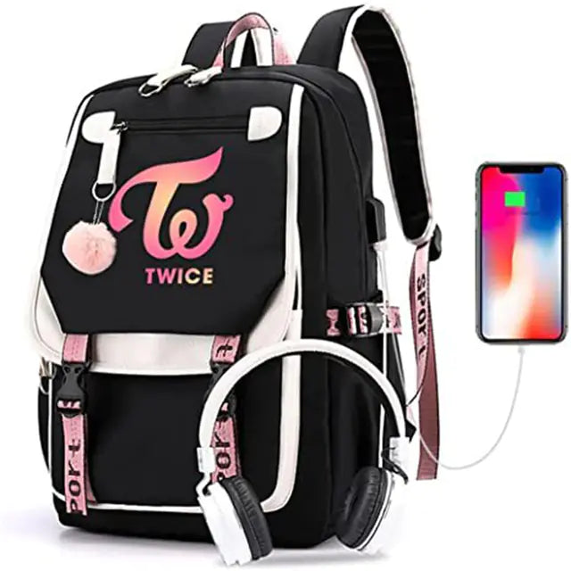 🎒: KPOP Twice Large USB Charging Travel Backpack