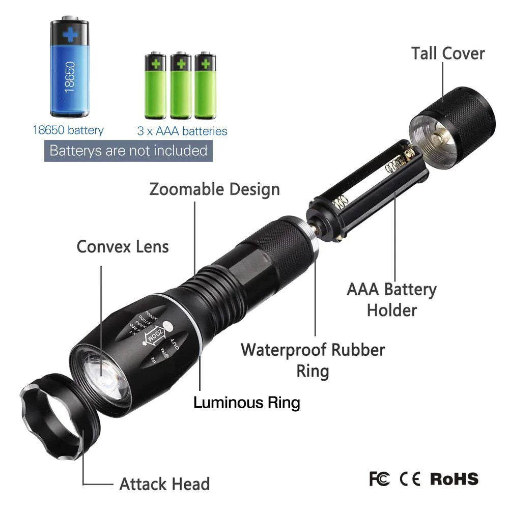 🔦: Super-Bright 90000LM LED Tactical Flashlight - 5 Modes Zoomable Torch