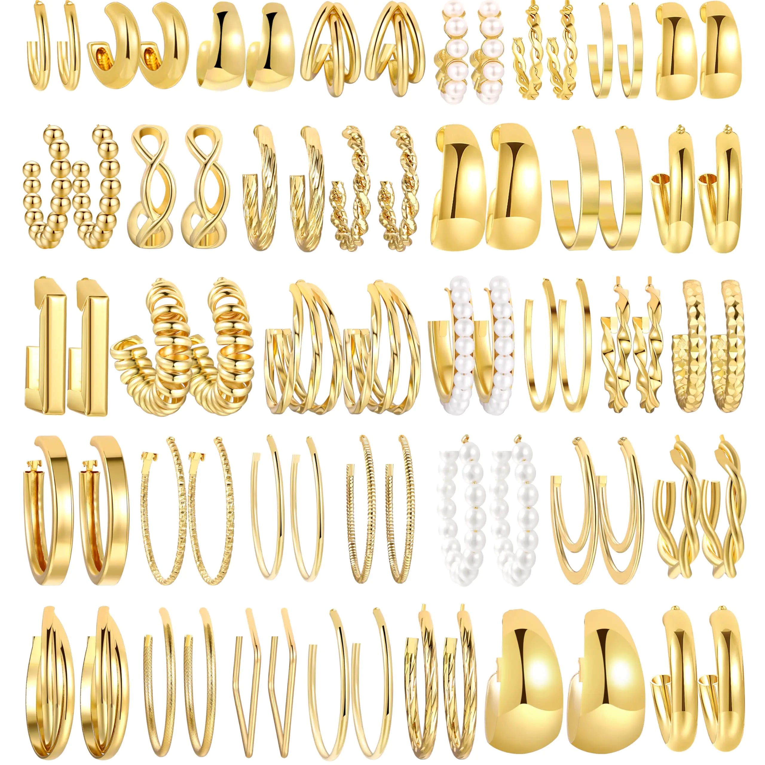 💎: 36 Pairs Gold Hoop Earrings Set - Premium Collection Chunky Pearl Chain Twisted Statement Pack
