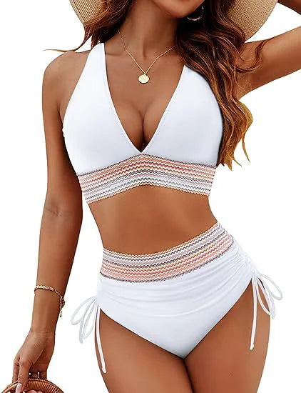 👙: Color Blocking Bikini Set - Drawstring Two-Piece Swimsuit