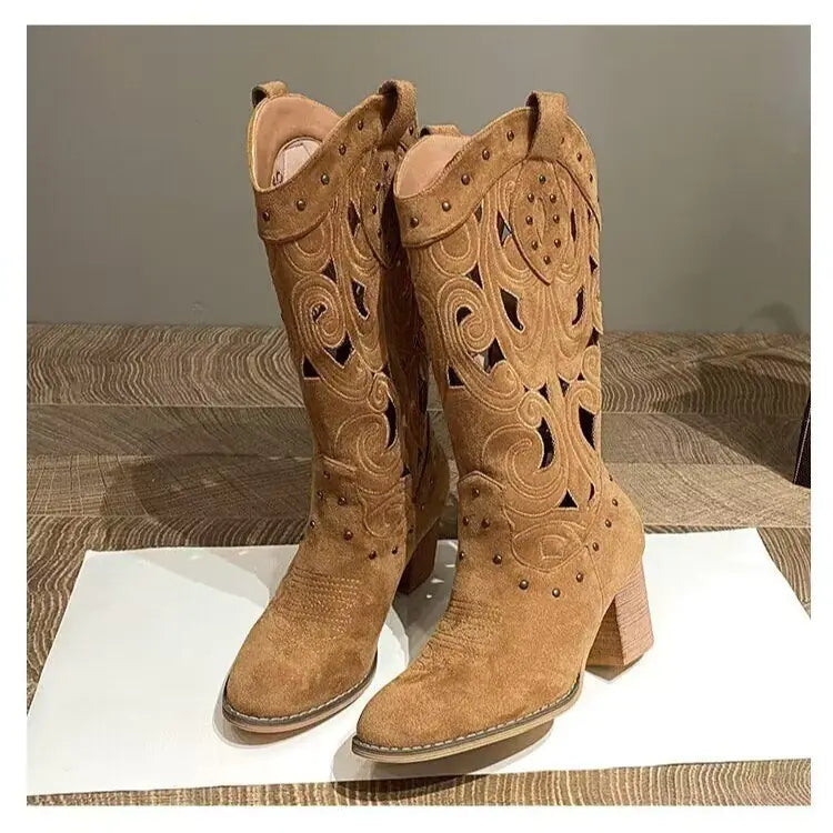 🤠: Fashionable Women's Mid-Calf Chunky Heel Martin Boots - Cowboy Style Embroidered