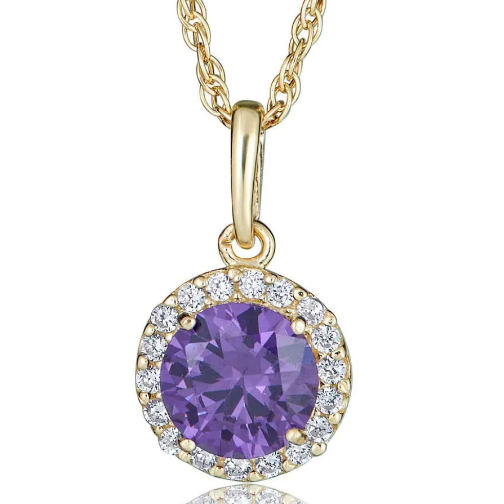 💎: AVORA 10K Yellow Gold Amethyst Necklace - February Birthstone CZ Halo Pendant