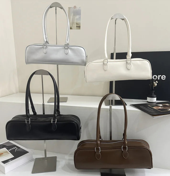 👜: Women's Leather Baguette Bag - Classic Horizontal Square Design