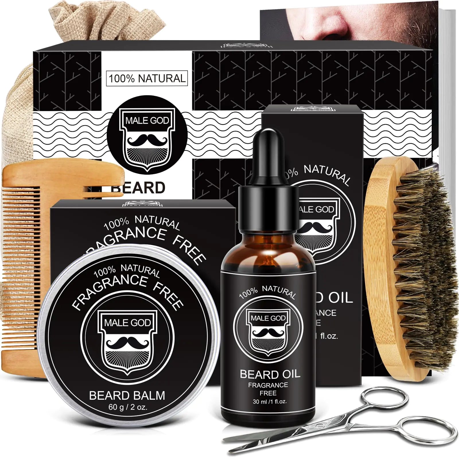 🧔: MALE GOD Beard Growth Kit - Complete Care System with Oil, Balm, Comb & Massager