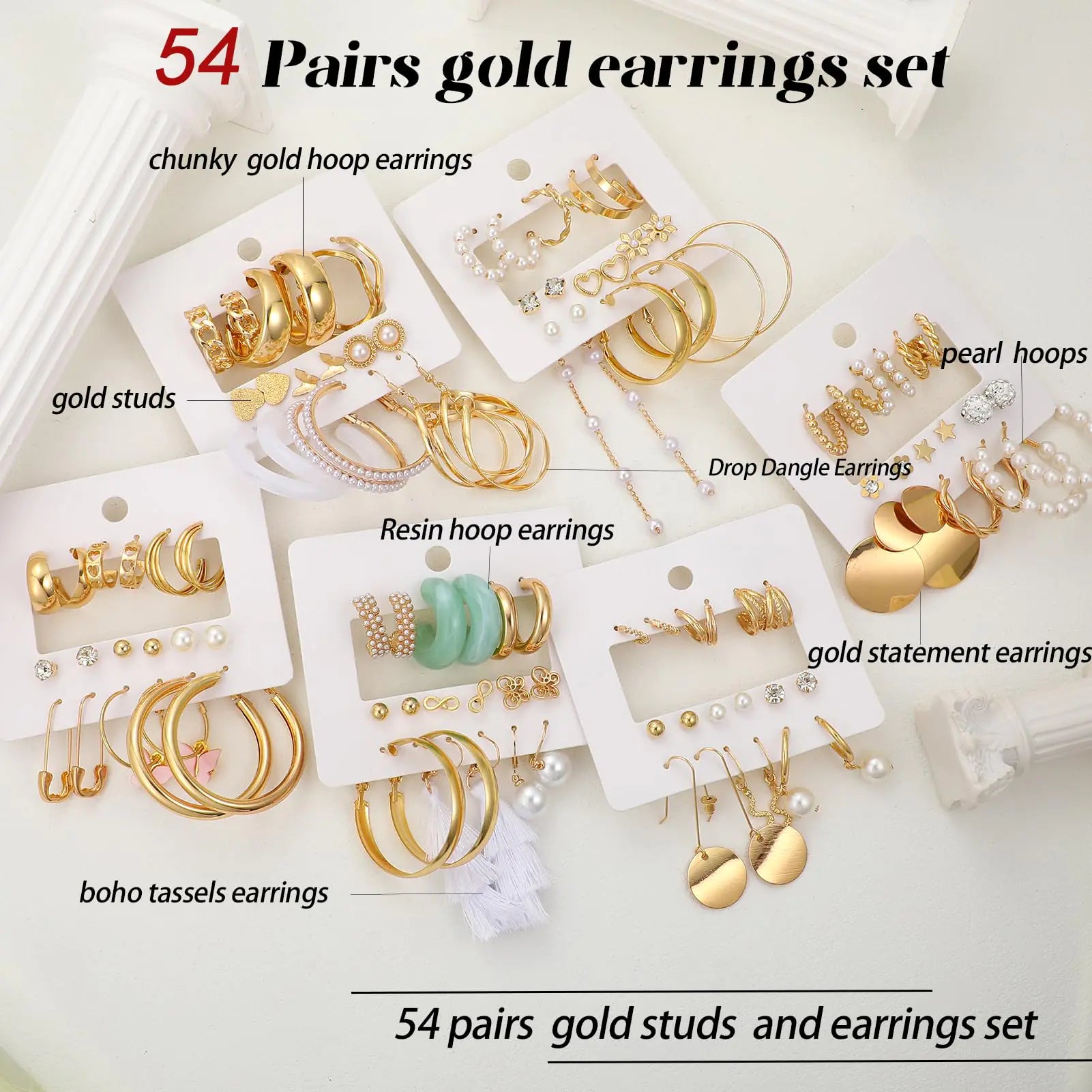 💎: 54 Pairs Gold Hoop Earrings Set - Ultimate Collection Chunky Pearl Twisted Statement Pack