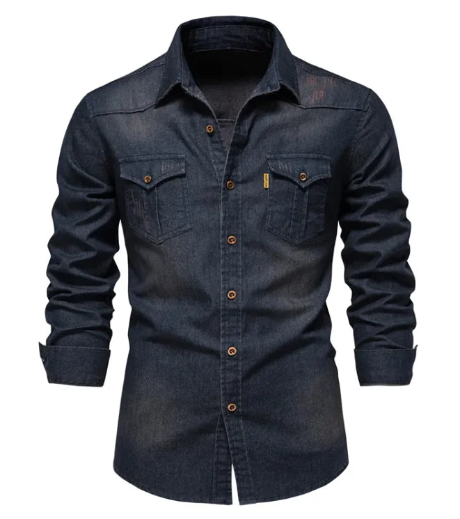👔: Men's Denim Long Sleeve Shirt - Casual Solid Color Cotton Blend