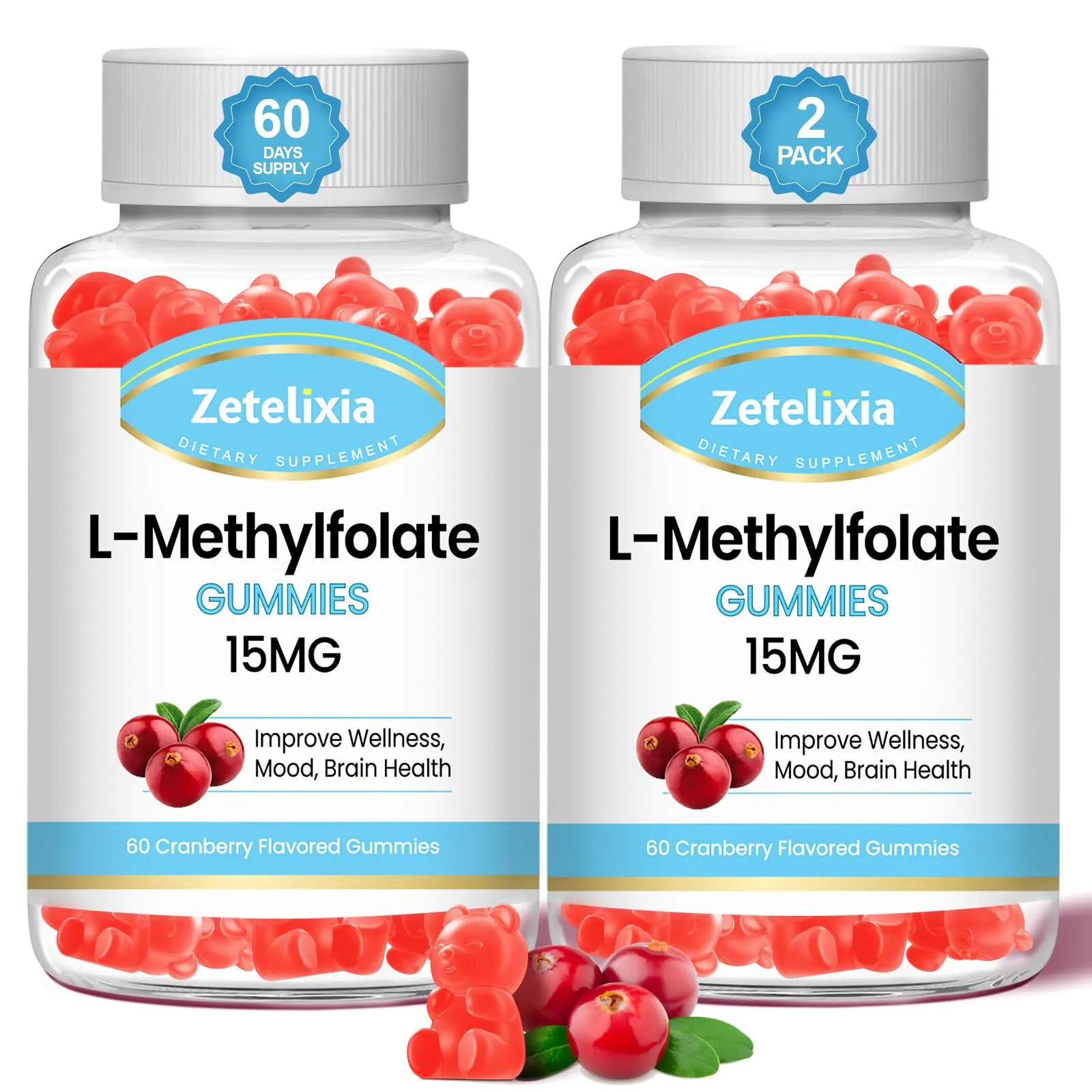 🍇: L-Methylfolate 15mg Gummies with B12 - Cranberry Flavor (2 Pack)