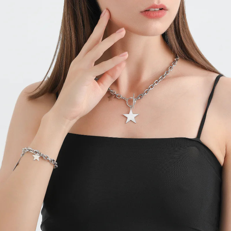 ⭐: Kpop Fashion Steel Star Pendant Choker Necklace