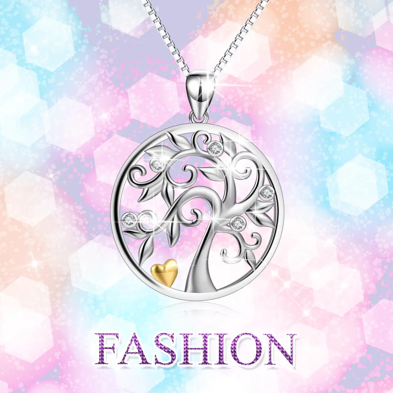 🌳: Lucky Tree Pendant, Gold-Plated Heart Necklace, 925 Silver