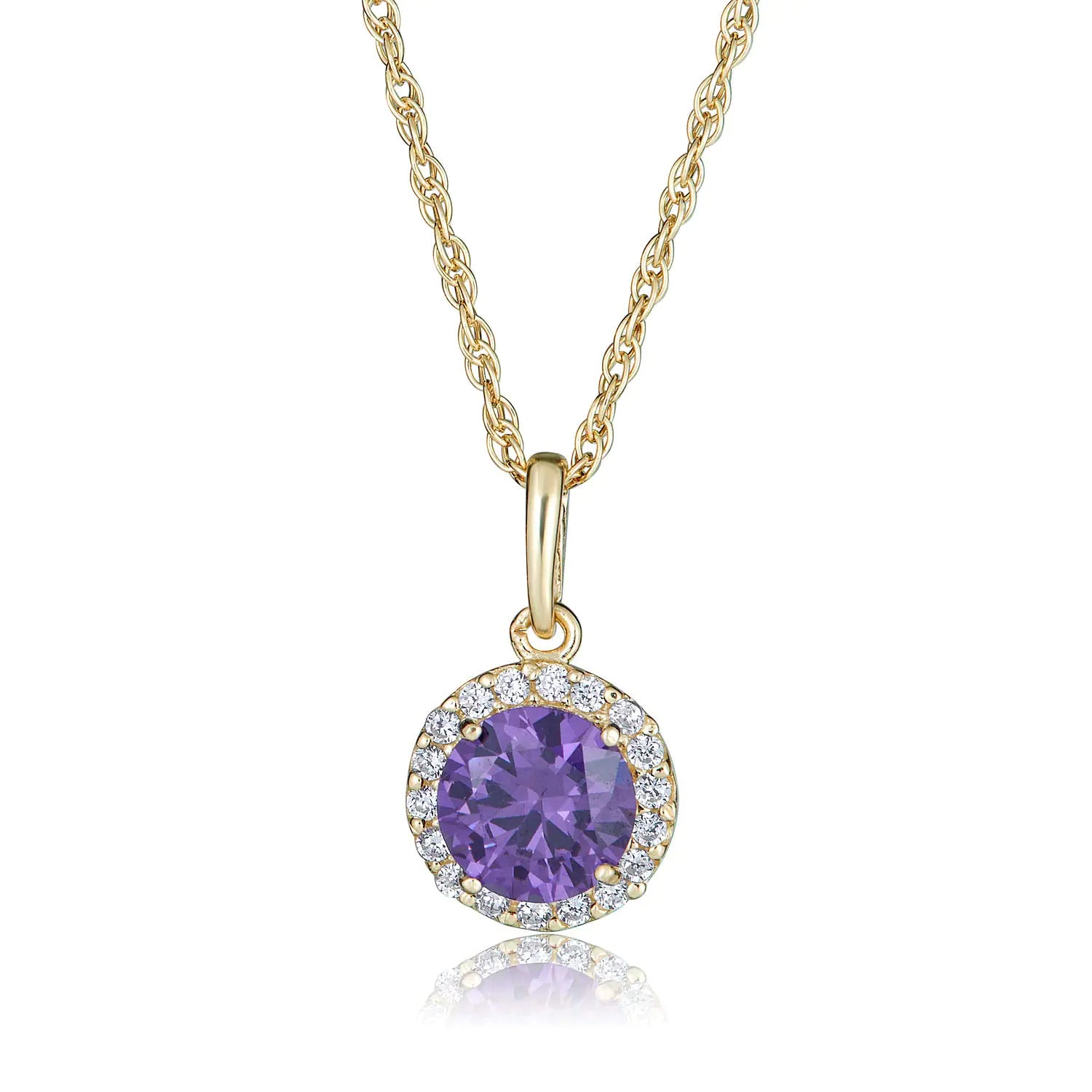 💎: AVORA 10K Yellow Gold Amethyst Necklace - February Birthstone CZ Halo Pendant