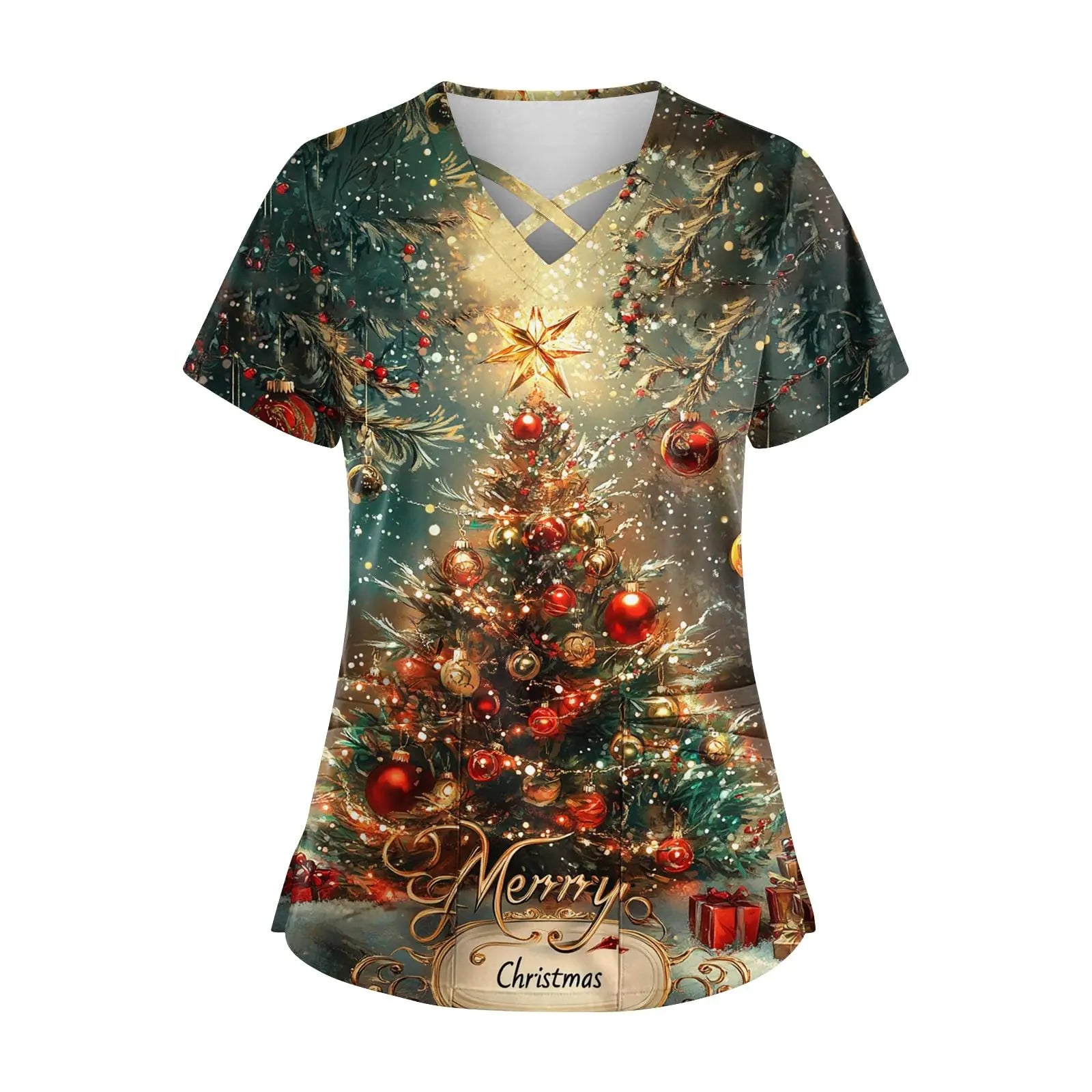 🎄: Christmas Plus Size Scrub Top - Festive Holiday Medical Uniform with Pockets