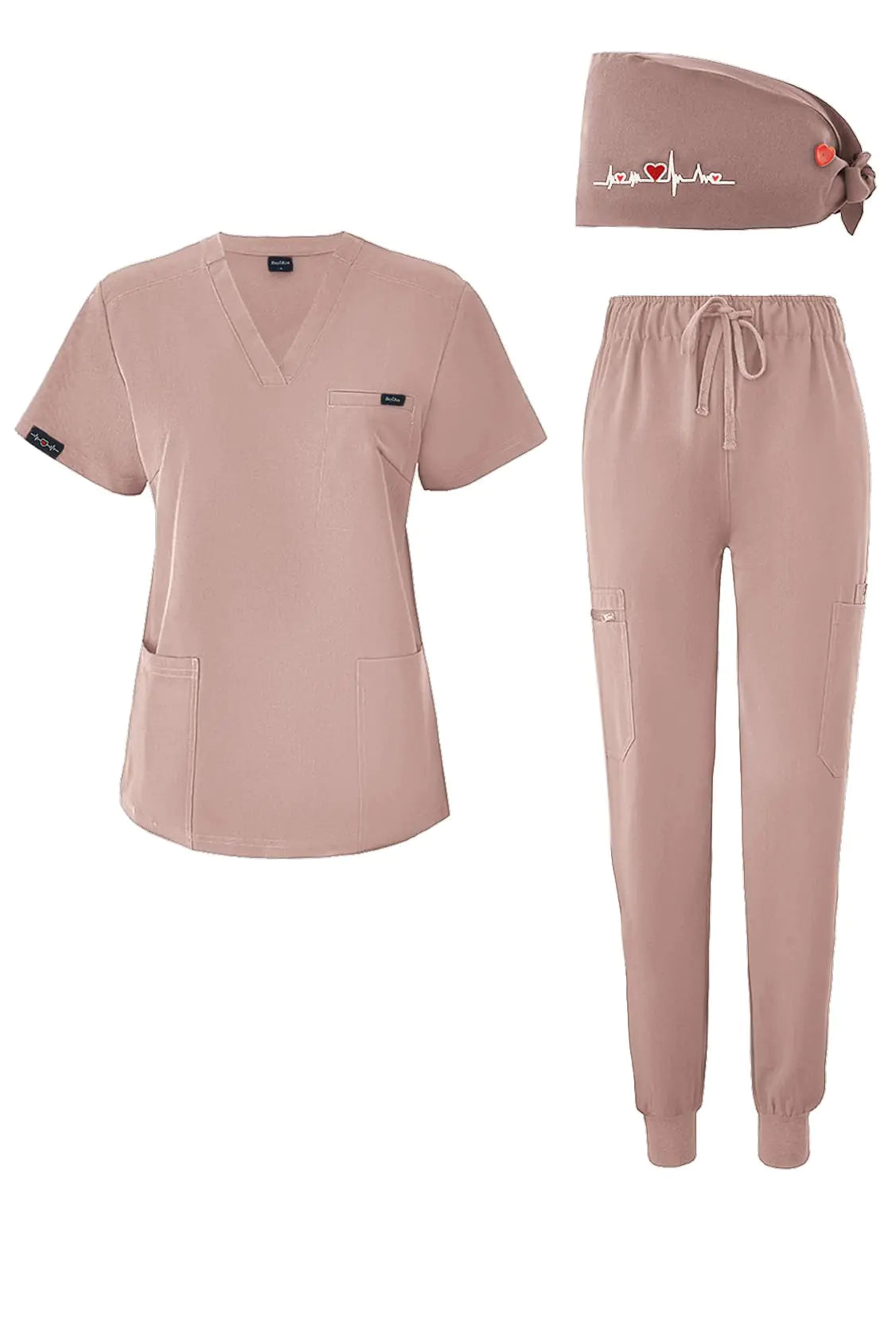 👩‍⚕️: BuyiRen Complete Scrubs Set with Cap - V-Neck Top & Jogger Pants 11 Pockets