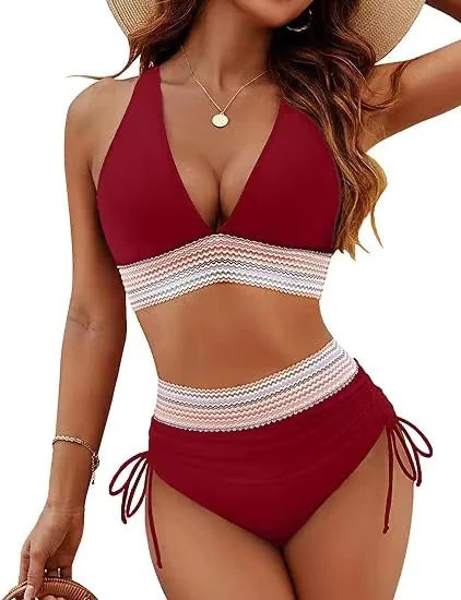 👙: Color Blocking Bikini Set - Drawstring Two-Piece Swimsuit