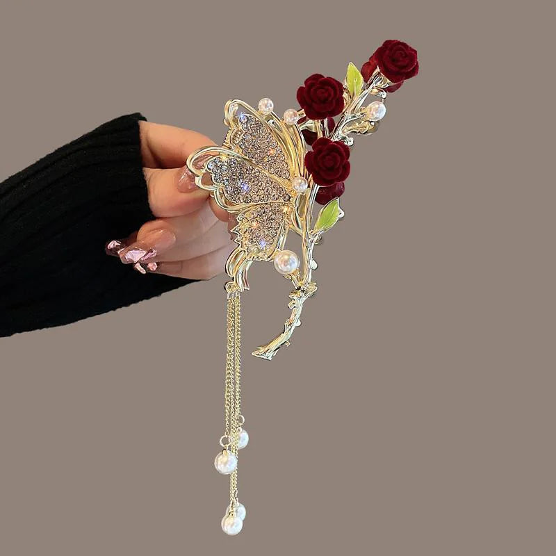 💎: Red Rose Butterfly Barrettes - Elegant Floral Hair Accessories