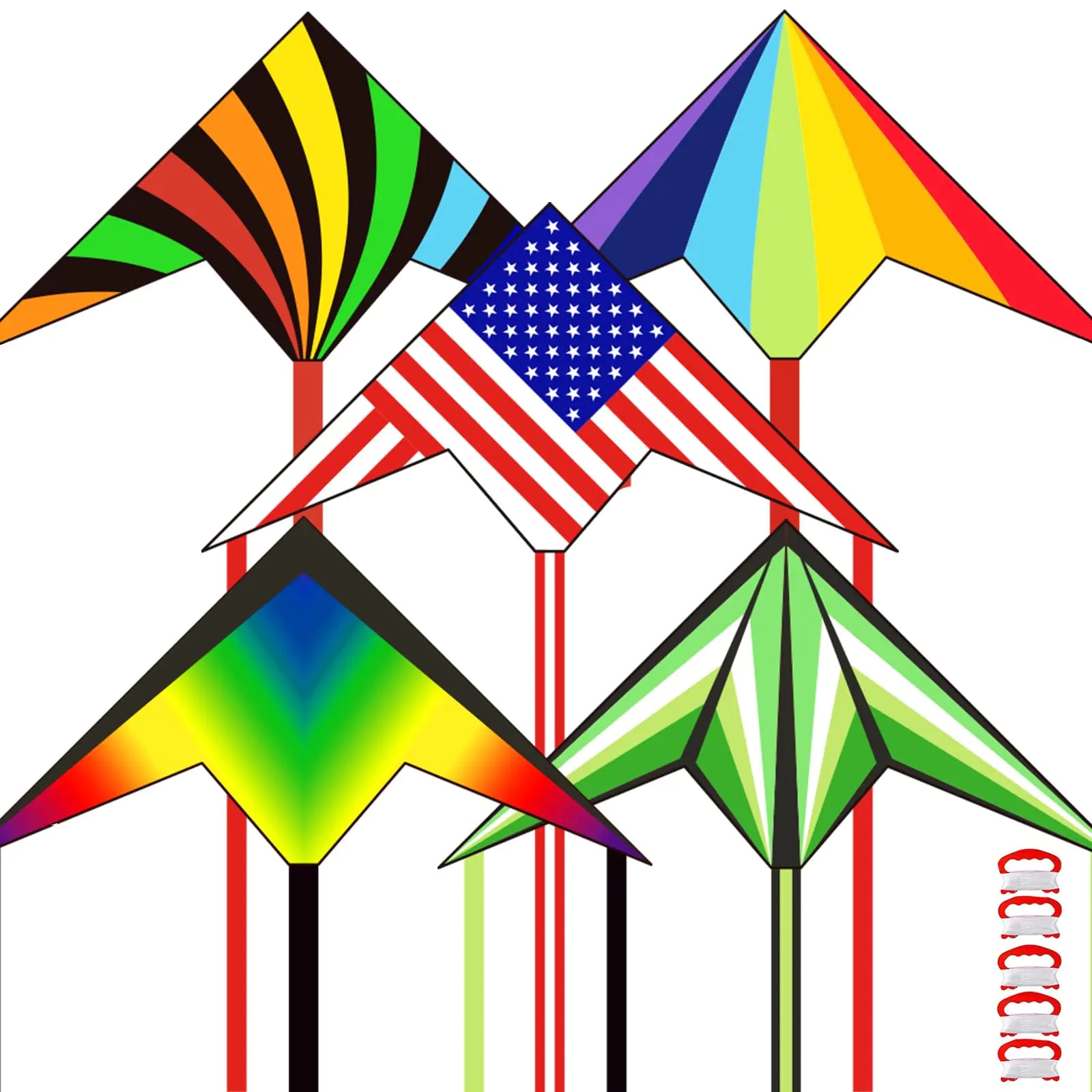 🪁: 5-Pack Delta Kites - Multicolor Beach Kites for Kids & Adults Ages 4-12