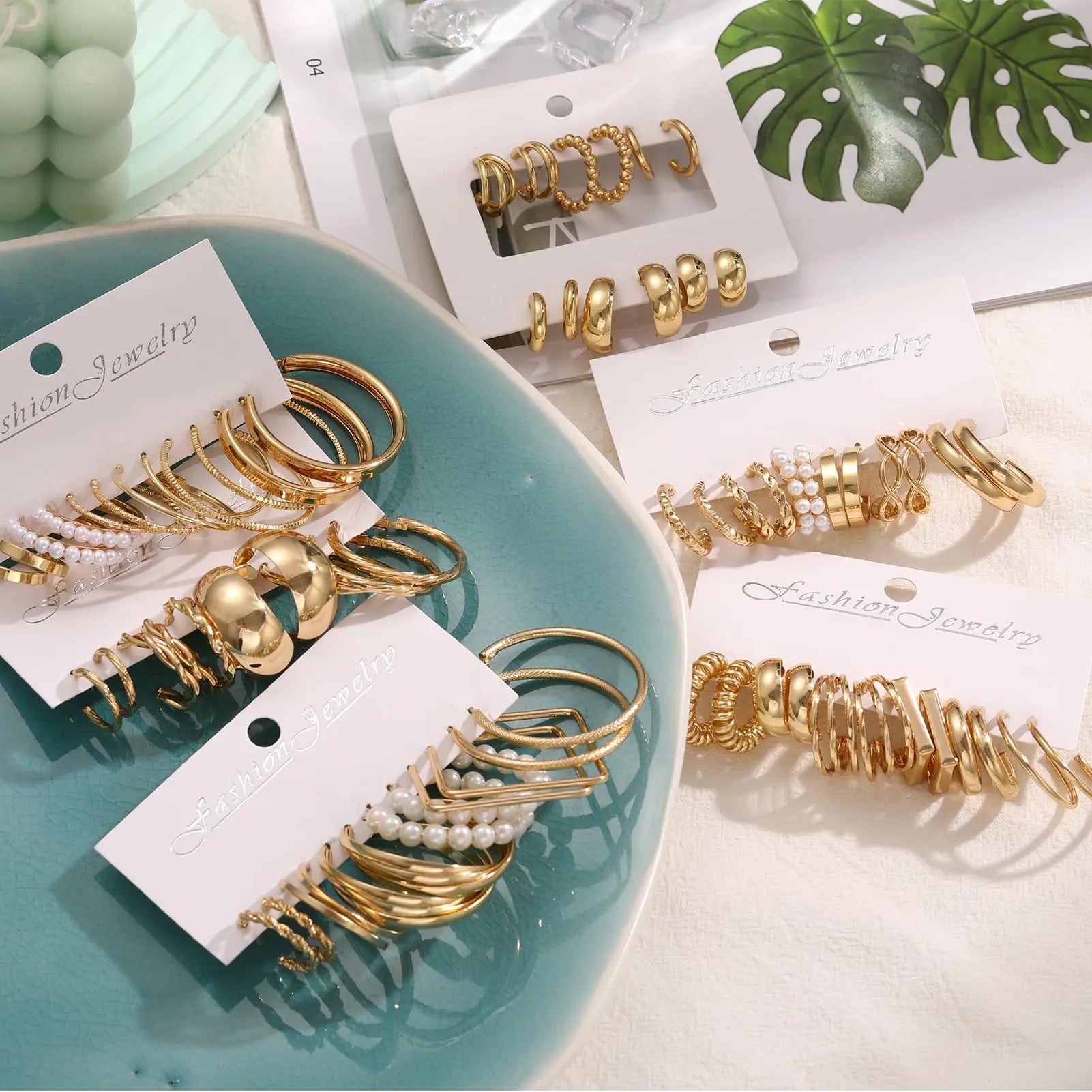 💎: 36 Pairs Gold Hoop Earrings Set - Premium Collection Chunky Pearl Chain Twisted Statement Pack