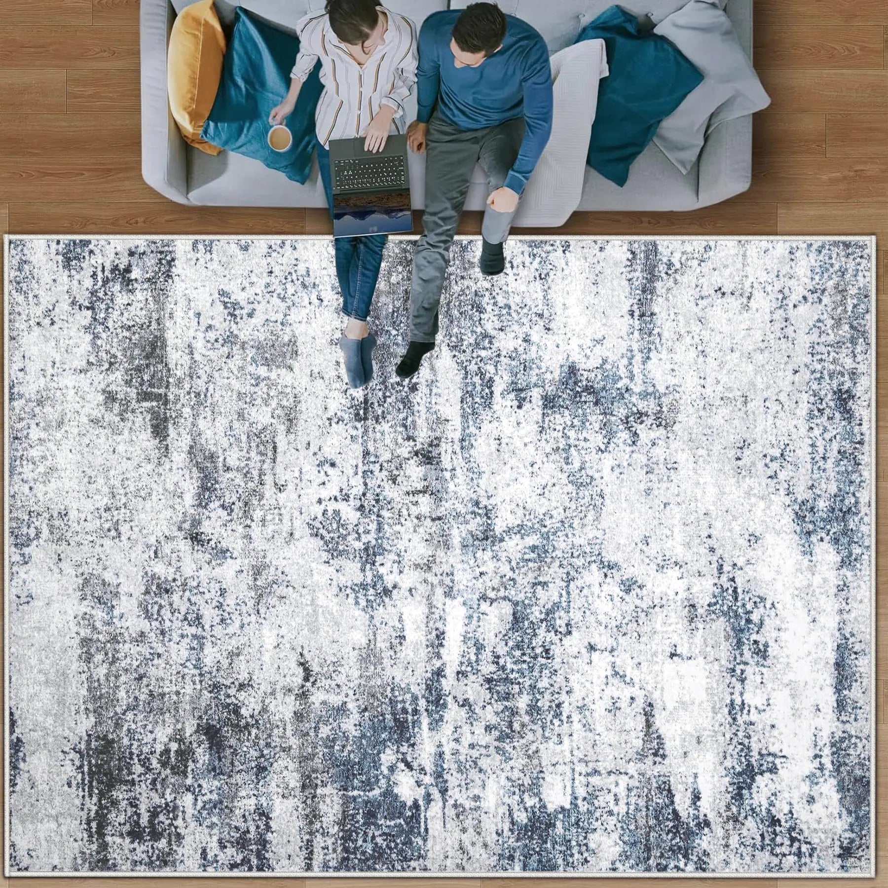 🏠: Modern Abstract Area Rug 5x7 - Multi Blue Machine Washable Non-Slip