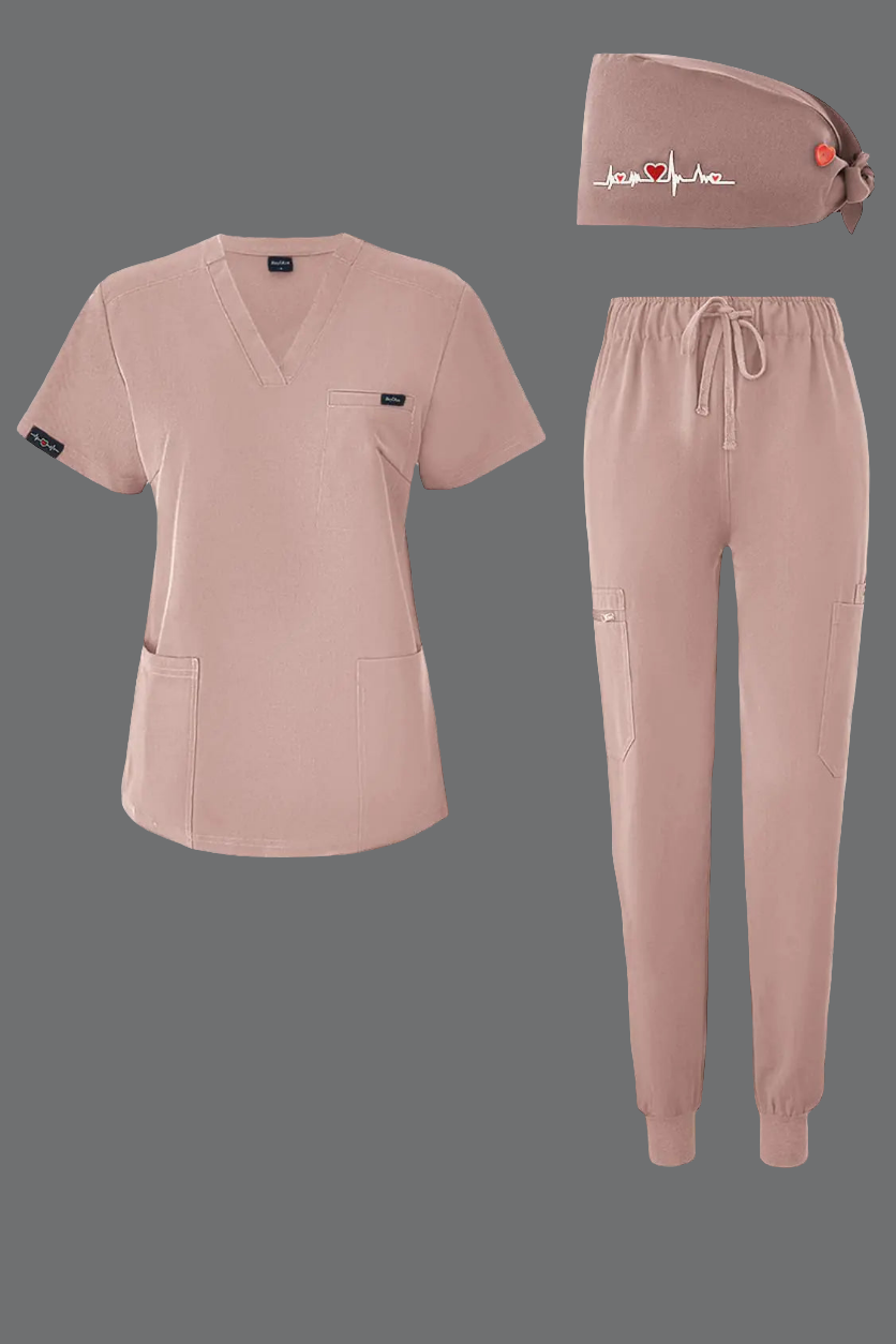 👩‍⚕️: BuyiRen Complete Scrubs Set with Cap - V-Neck Top & Jogger Pants 11 Pockets