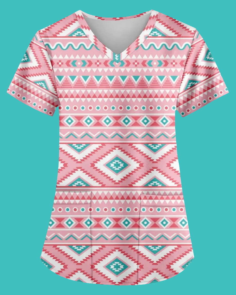 🏺: AMOMA Aztec Print Scrub Shirt - Native American V-Neck Nursing Top Light Pink