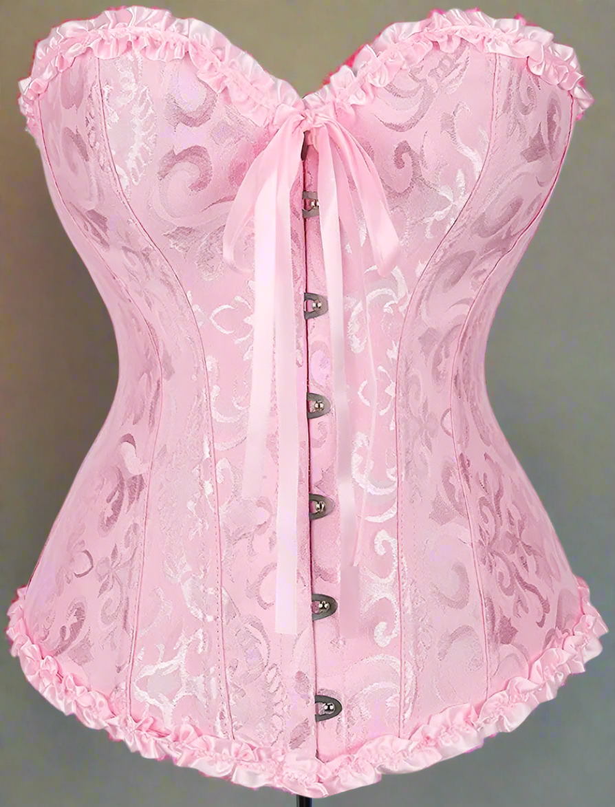 💗: Women's Pink Floral Satin Corset - Lace-Up Overbust Bustier