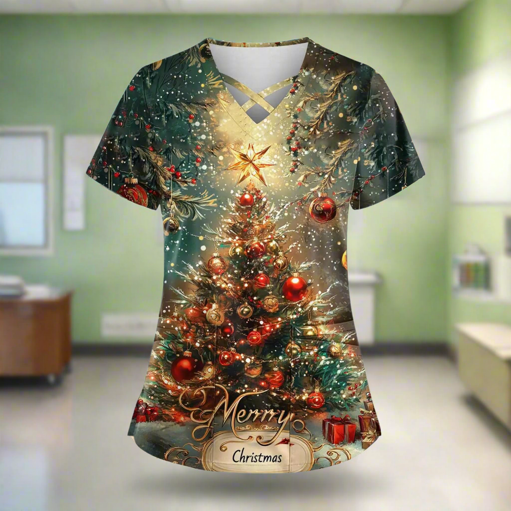 🎄: Christmas Plus Size Scrub Top - Festive Holiday Medical Uniform with Pockets