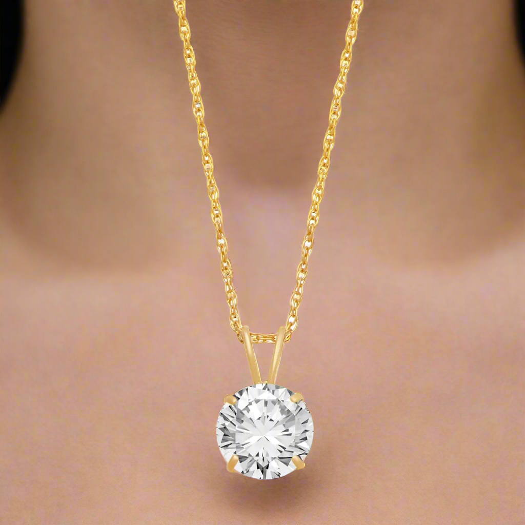 💎: 10K Yellow Gold Solitaire Necklace - 8MM CZ Pendant with 18" Rope Chain
