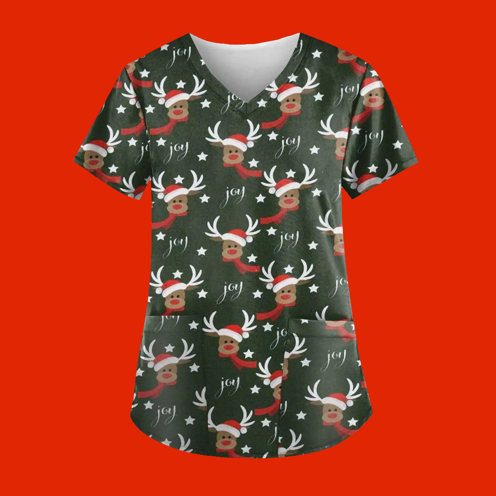 🎄: Green Christmas Scrub Top 5XL - Funny Holiday Nursing Uniform with Pockets