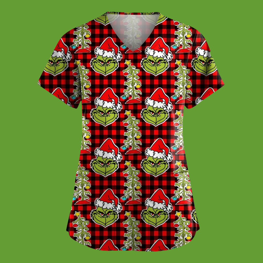 🎄: Christmas Wine Scrub Top - Funny Holiday V-Neck Nurse Uniform