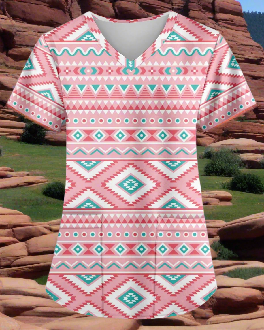 🏺: AMOMA Aztec Print Scrub Shirt - Native American V-Neck Nursing Top Light Pink