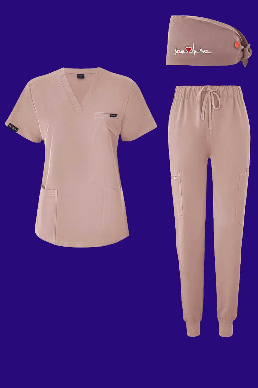 👩‍⚕️: BuyiRen Complete Scrubs Set with Cap - V-Neck Top & Jogger Pants 11 Pockets