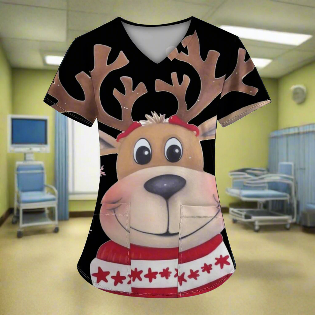 🎄: Christmas Snowman Scrub Shirt - Funny Holiday V-Neck Nursing Top with Pockets