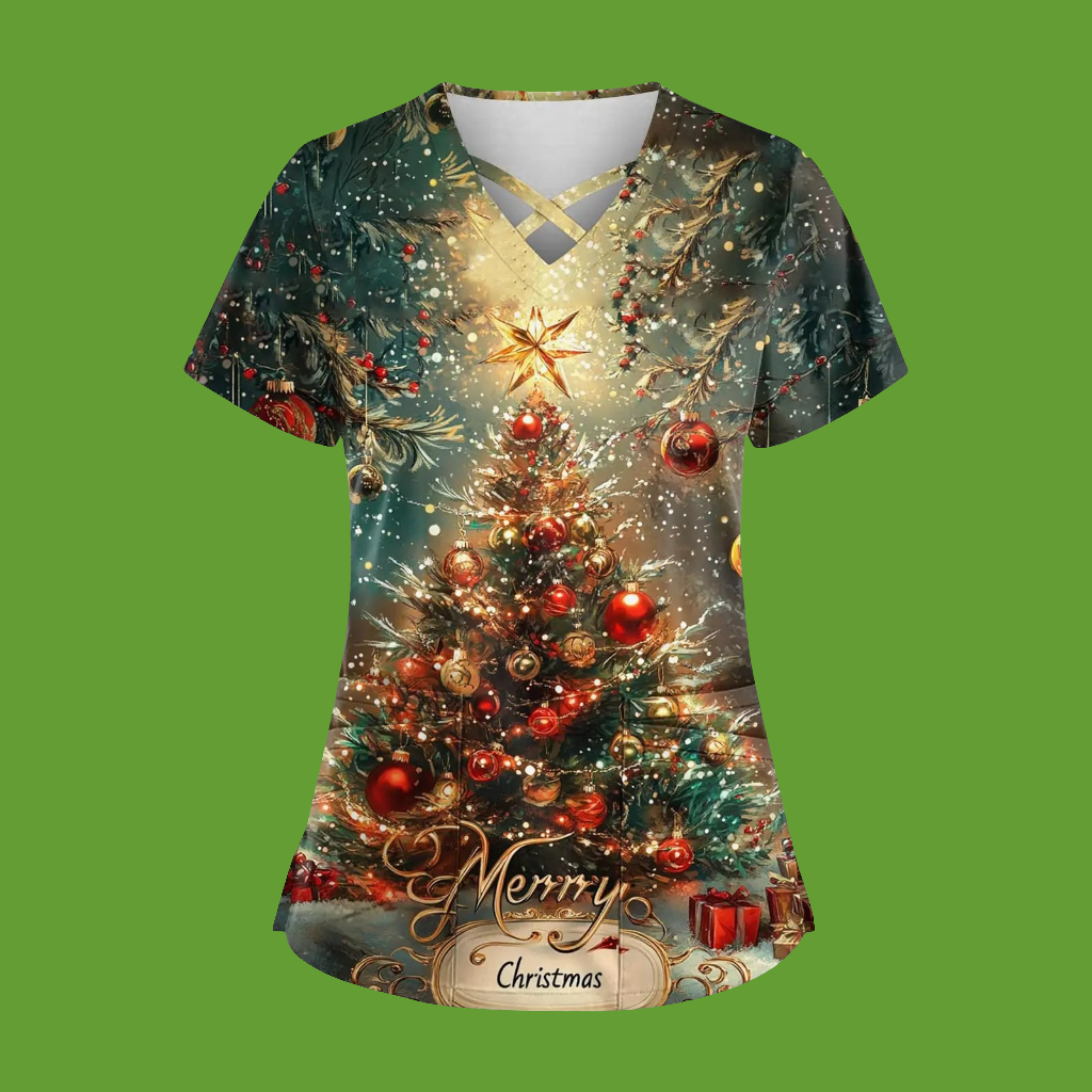 🎄: Christmas Plus Size Scrub Top - Festive Holiday Medical Uniform with Pockets