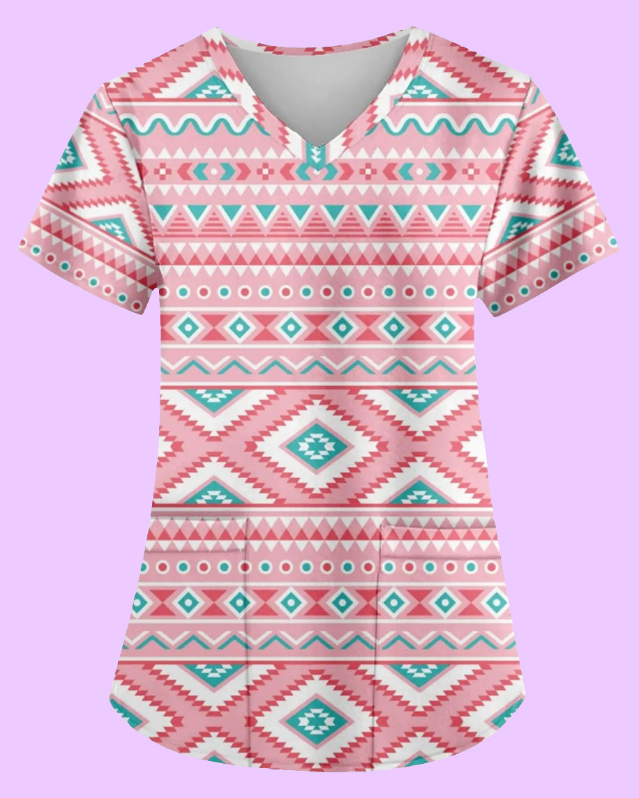 🏺: AMOMA Aztec Print Scrub Shirt - Native American V-Neck Nursing Top Light Pink