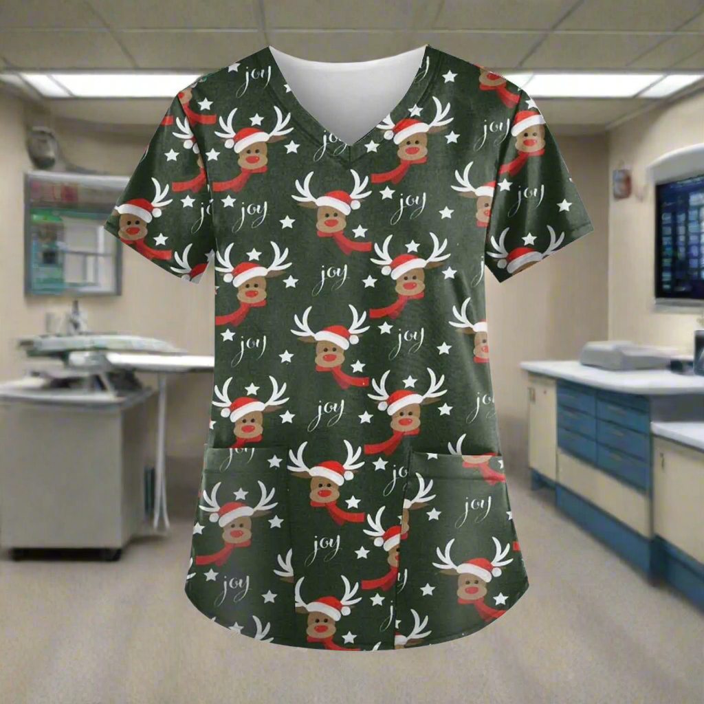 🎄: Green Christmas Scrub Top 5XL - Funny Holiday Nursing Uniform with Pockets