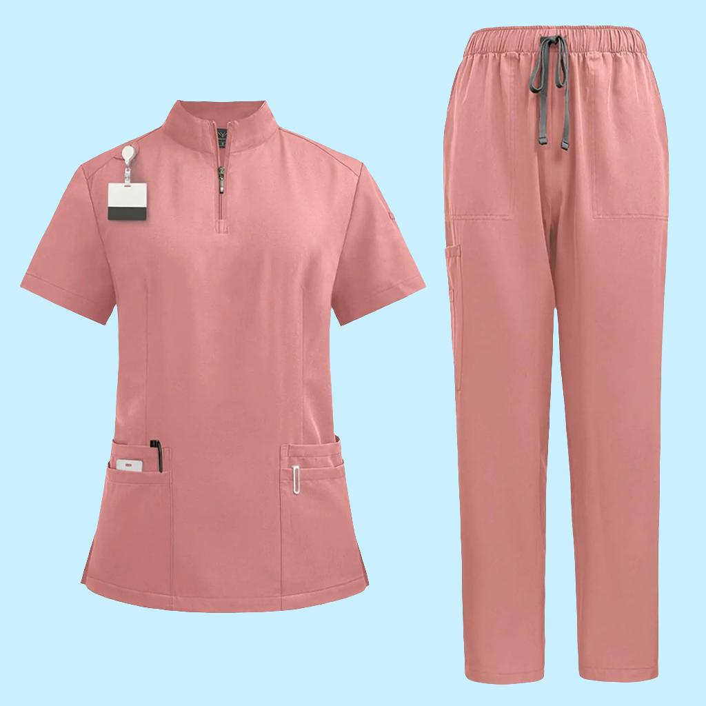 🩺: Premium Cotton Scrubs Set M - Pink V-Neck Nursing Uniform with Jogger Pants