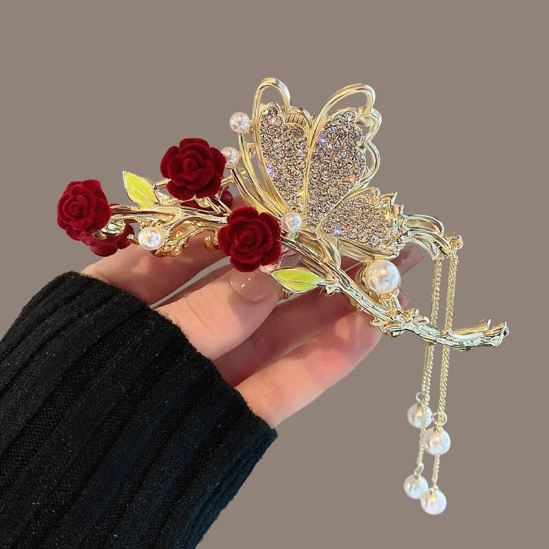 💎: Red Rose Butterfly Barrettes - Elegant Floral Hair Accessories