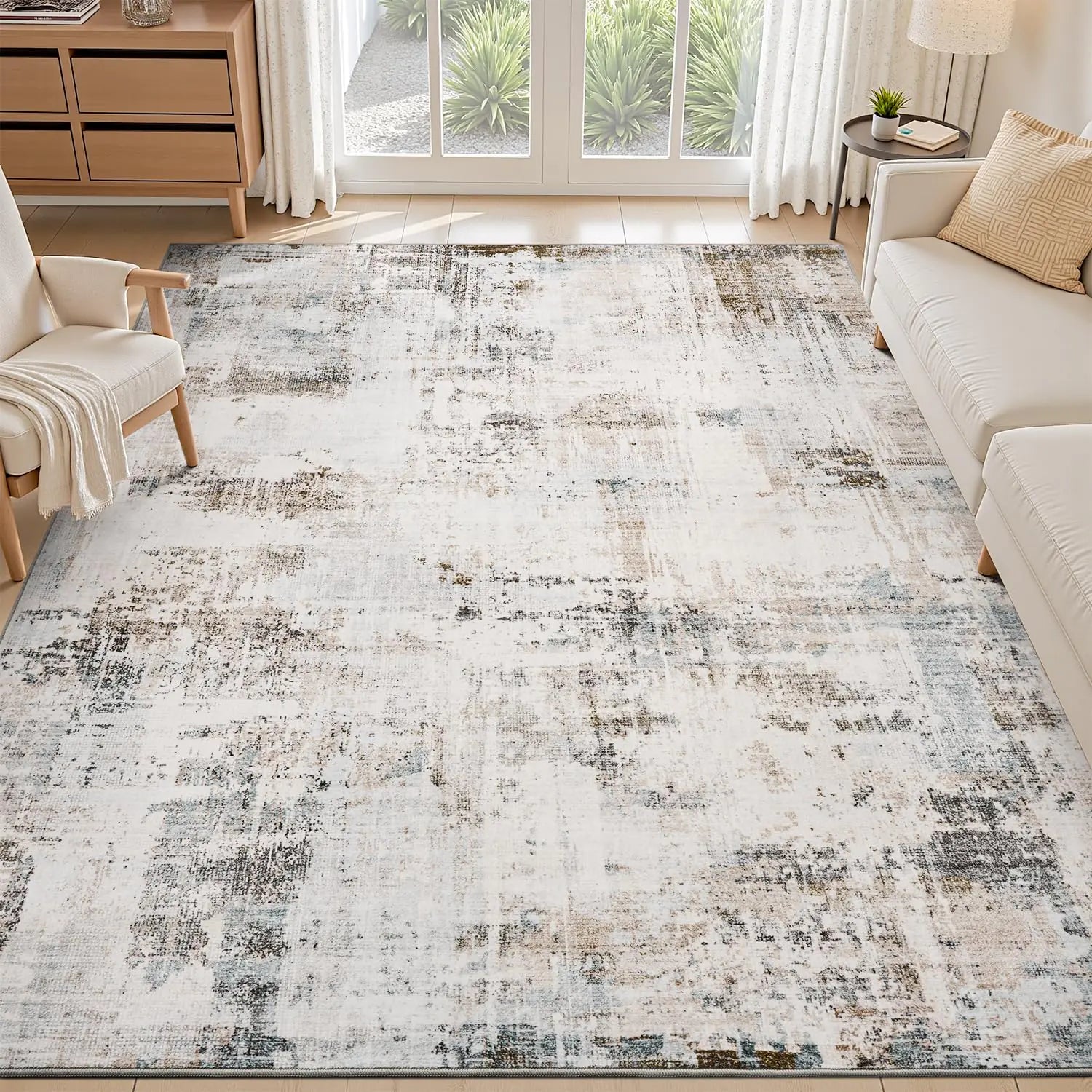 🏠: 9x12 Abstract Modern Area Rug - Camel Washable Non-Slip Carpet