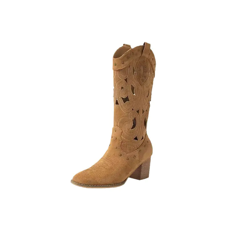 🤠: Fashionable Women's Mid-Calf Chunky Heel Martin Boots - Cowboy Style Embroidered