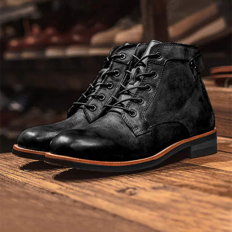 🏍️: Men's Retro Leather Motorcycle Boots - Vintage Lace-Up Ankle Boots